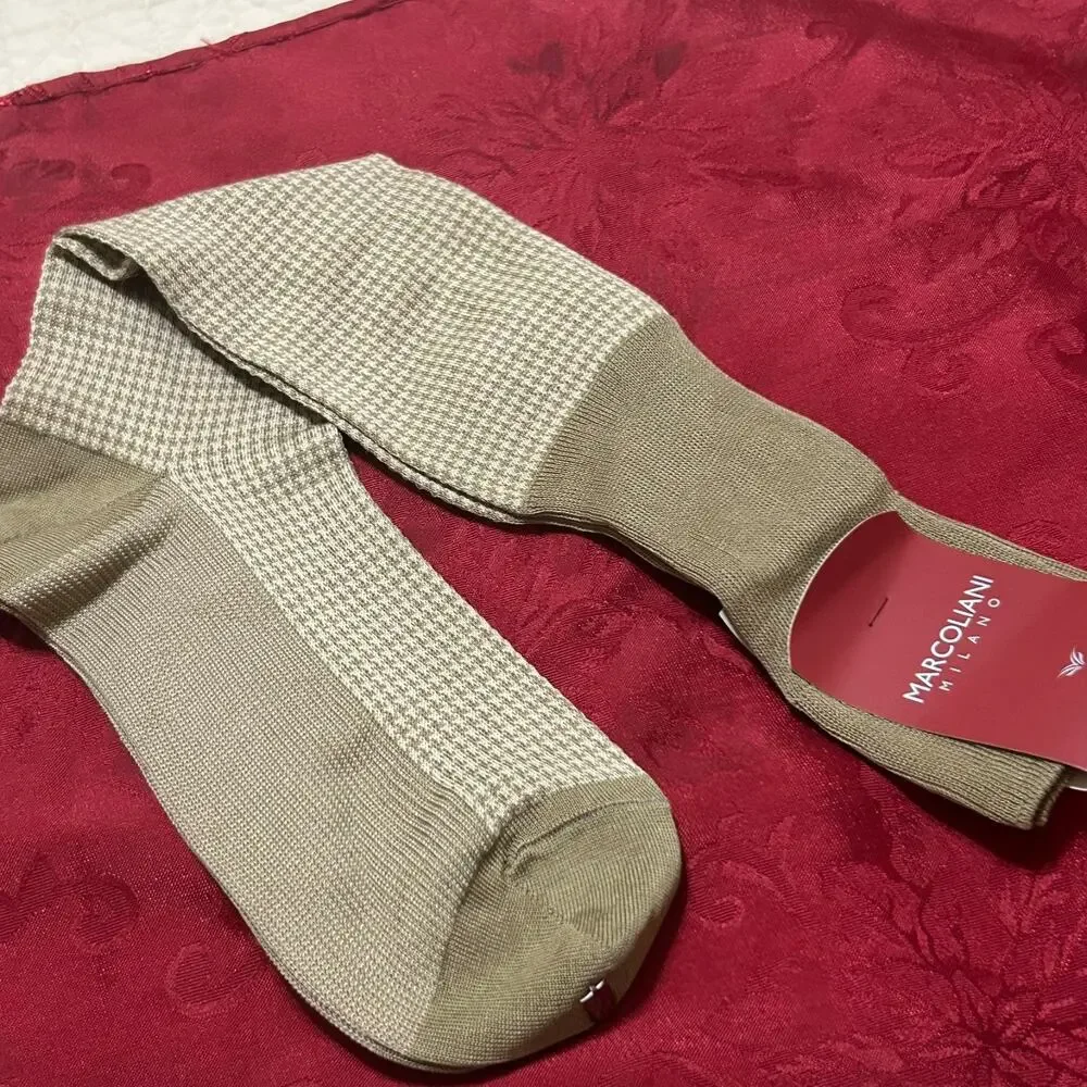 Marcoliani Milano Cotton Dress Socks Mens US 8-11 EUR 41 BeigeHoundstooth